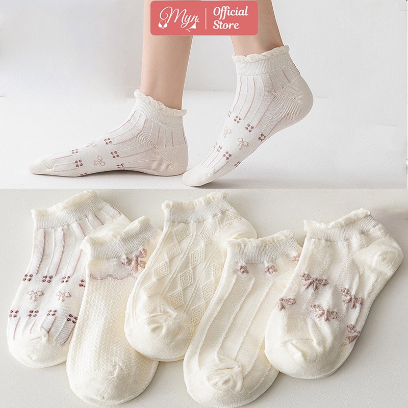 Tất nữ, tất - vớ cổ ngắn T783 nền trắng hoạ tiết hình hoa MYN_UNDERWEAR
