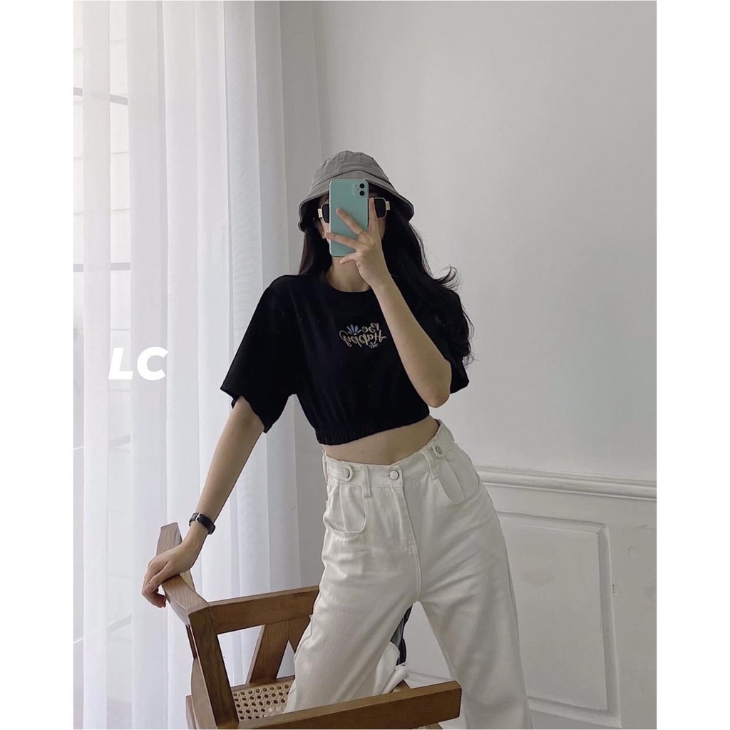 Áo Croptop Cộc Tay Bo Chun Bụng BE HAPPY - Thun tay lỡ dáng ôm màu đen họa tiết đáng yêu style Ulzzang