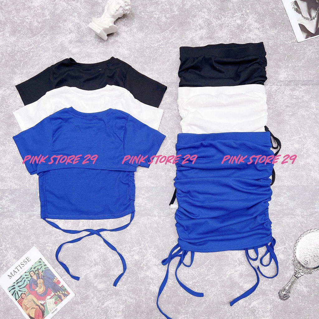 Set Chân Váy Rút Dây 2 Bên, Áo Croptop Tay Ngắn Hở Lưng Cột Dây S044