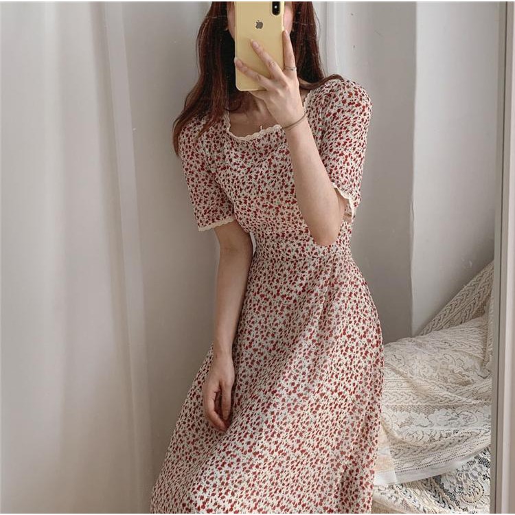 Váy vintage hoa nhí cổ vuông phối ren dáng xòe nhẹ hàn quốc chun eo - 502 | BigBuy360 - bigbuy360.vn