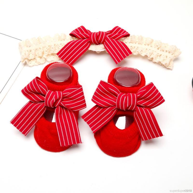 Set tất + băng đô nơ co giãn chống trượt thời trang cho trẻ em