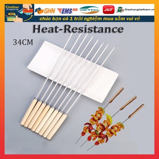 Bộ 10 Cây xiên inox xiên nướng tay gỗ nướng thịt cho than nướng BBQ dụng cụ nướng bếp 34cm