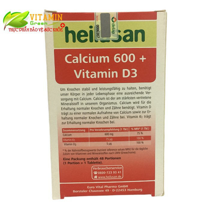 CANXI CALCIUM 600mg + Vitamin D3 HEILUSAN | NHẬP KHẨU CHÍNH HÃNG ĐỨC