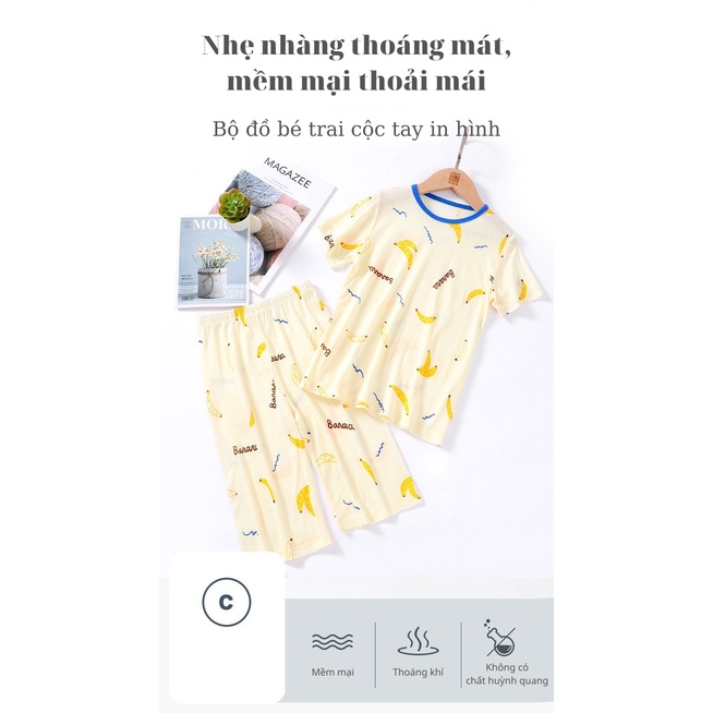 12-40kg Bộ cotton xước, sợi tre cộc tay quần lửng hè họa tiết khủng long cho bé trai hãng Mamdadkids