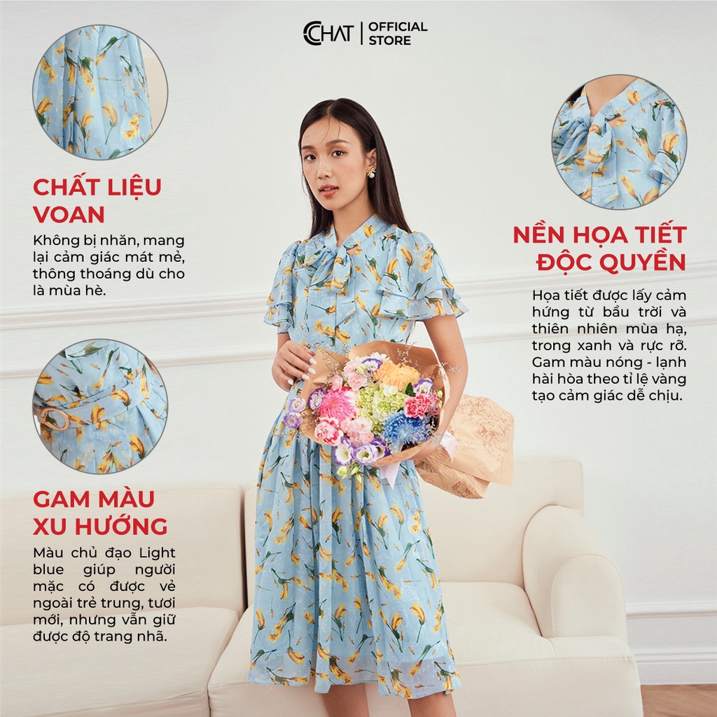 Đầm Nữ 𝐂𝐂𝐇𝐀𝐓 Họa Tiết Cổ Nơ Tay Xòe 2 Lớp Chất Voan Phong Cách Trẻ Trung Thanh Lịch 12VNV5002XT