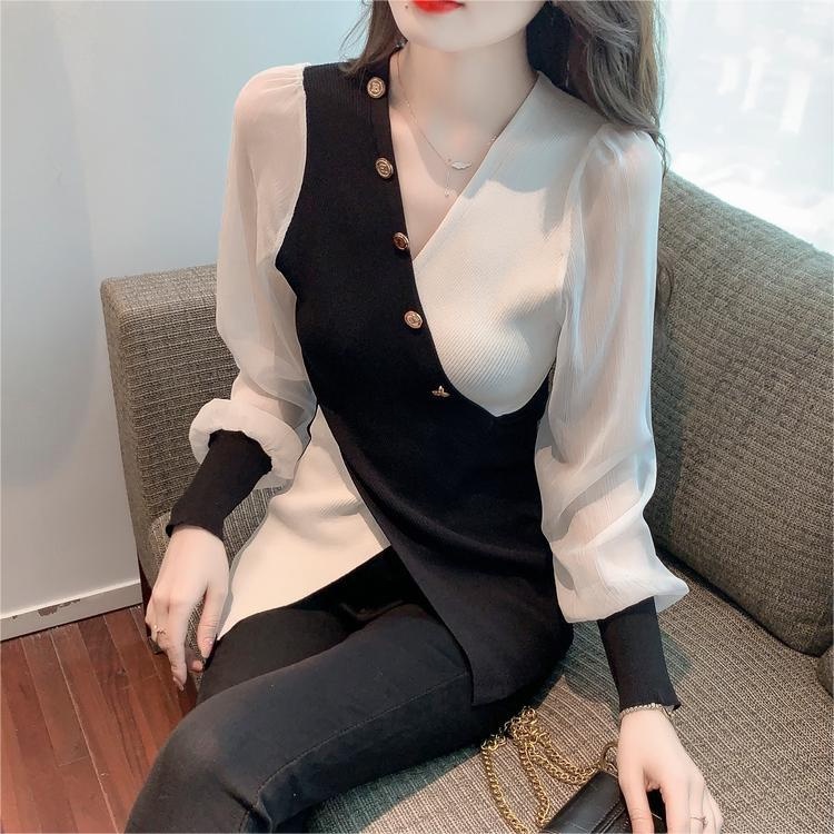 Áo kiểu ZHELIHANGFEI chiffon tay dài phồng cổ chữ V thời trang dành cho nữ