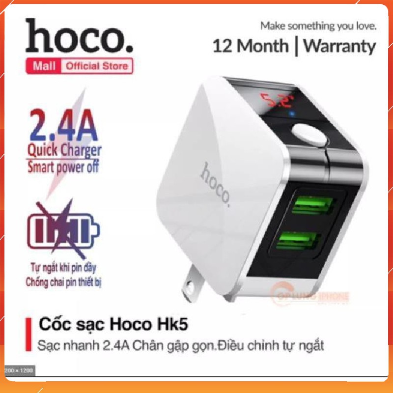 Củ sạc Hoco HK5 Tự ngắt khi sạc đầy pin Hàng Chính Hãng Bảo Hành Toàn Quốc 1 đổi 1