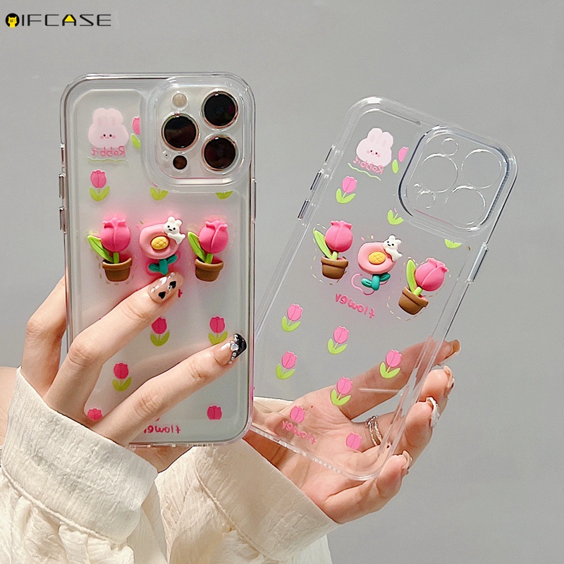 Ốp Điện Thoại Mềm Trong Suốt Họa Tiết Hoa Tulip / Thỏ Màu Hồng Gradient Cho iPhone 13 12 11 Pro Max XS Max XR X 7 8 Plus