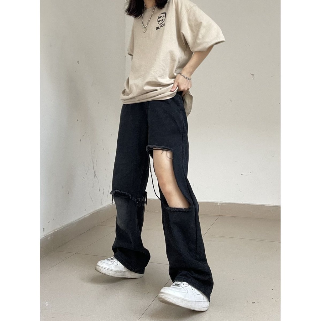 Quần jean dài lưng cao ống rộng dáng suông kiểu retro cá tính cho nữ