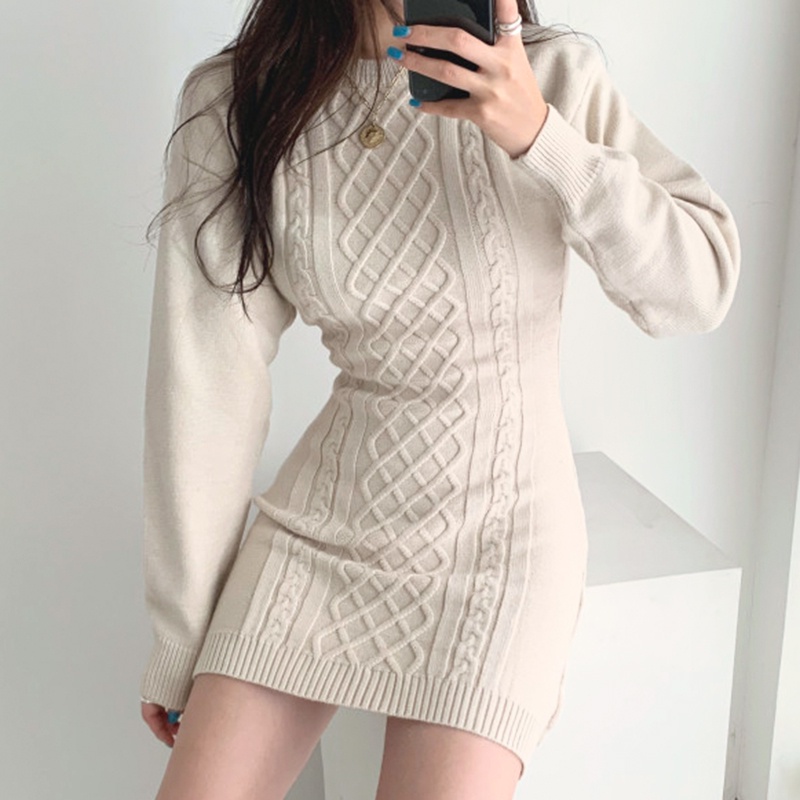 SUXI Đầm Dệt Kim Tay Dài Cổ Tròn Dáng Ôm Thời Trang Mùa Thu Phong Cách Hàn Quốc Cho Nữ