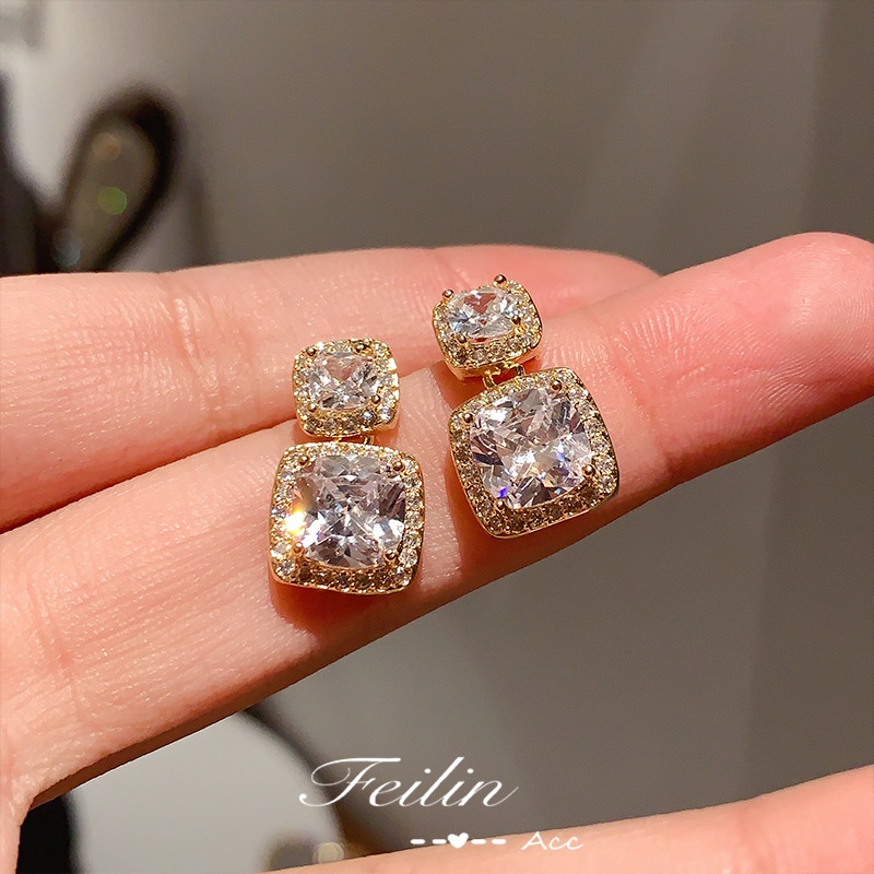 Bông Tai Mạ Bạc 925 Kiểu Hình Học Đính Kim Cương Phong Cách Mới 2022