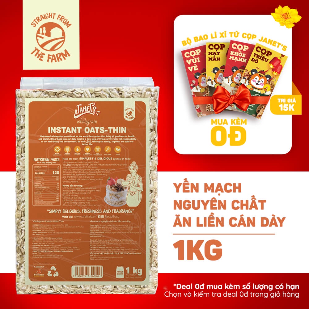 Yến mạch nguyên chất ăn liền Janets 1kg Chile, loại cán dày và cán mỏng