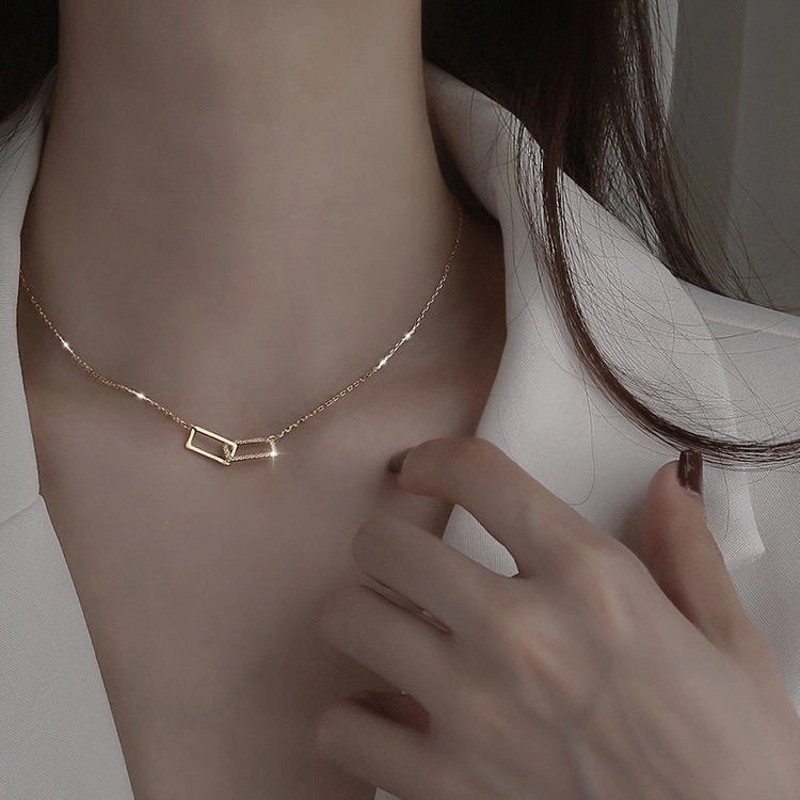 Dây chuyền kim loại mặt hình chữ nhật lồng vào nhau phong cách cổ điển đơn giản thời trang dành cho nữ