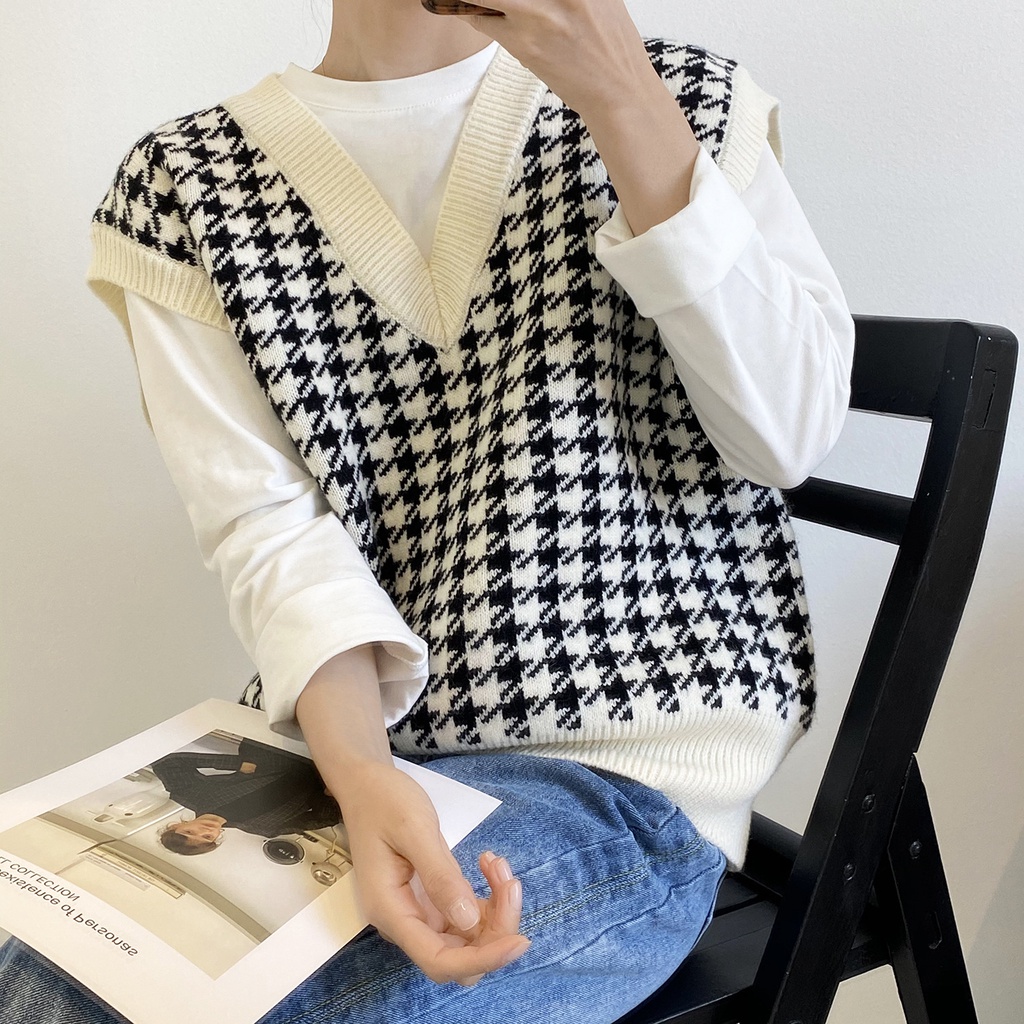 Áo Khoác Len Không Tay Cổ Chữ V Dáng Rộng Thời Trang Mùa Xuân Thu Hàn Quốc