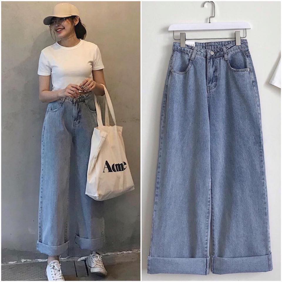 Quần jean nữ LylyshopUnisex kiểu ống rộng suông lưng cao cạp cúc phong cách ullzang chất bò mềm dày dặn đủ size S,M,L