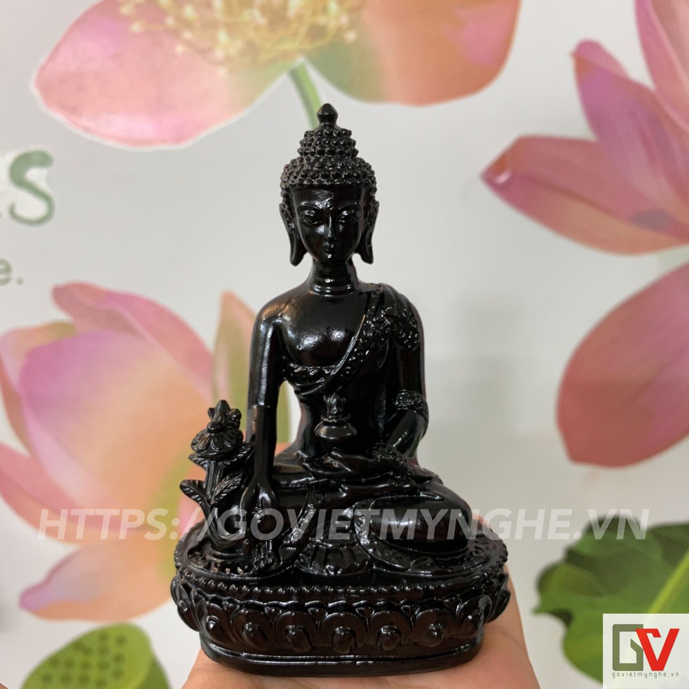 [Tượng Phật Dược Sư] Tượng đá Phật Dược Sư Lưu Ly Quang ngồi tòa sen - Cao 12cm - Màu đen