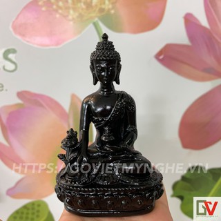 Tượng đá Phật Dược Sư Lưu Ly Quang ngồi tòa sen - Cao 12cm - Màu đen
