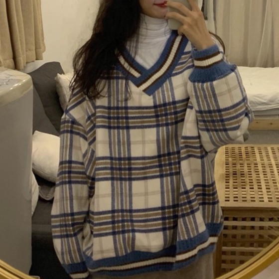áo sweter nữ form rộng ullzang hàn quốc kẻ Caro chất đẹp mặc nhà đi chơi đi học