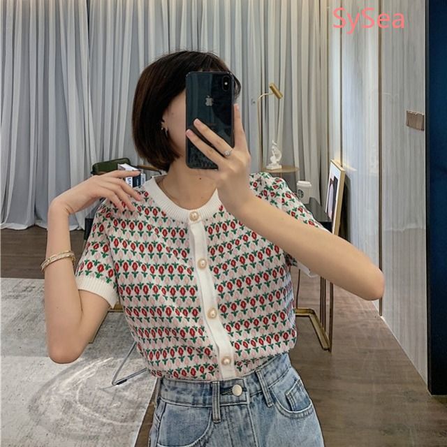 Áo Croptop Dệt Kim Tay Ngắn Mùa Hè Phối Khuy Ngọc Trai Thời Trang Dịu Dàng Cho Nữ