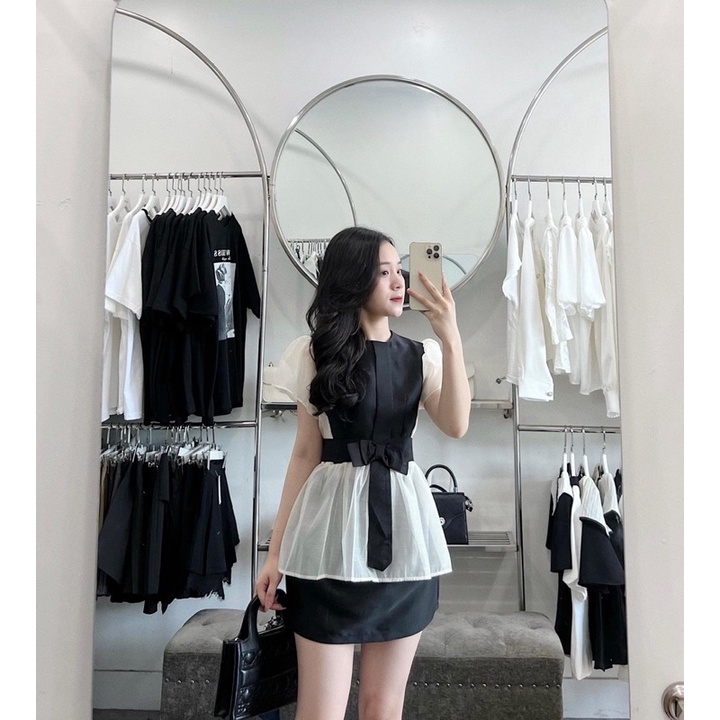 Áo sơmi tafta pha tơ nơ eo