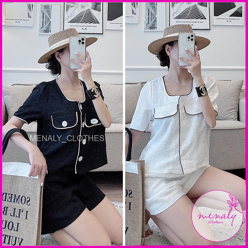 Set bộ nữ phong cách hàn quốc SE02, set bộ cá tính áo sơ mi kiểu croptop cổ vuông tay phồng 2 túi ngực kết hợp quần sooc