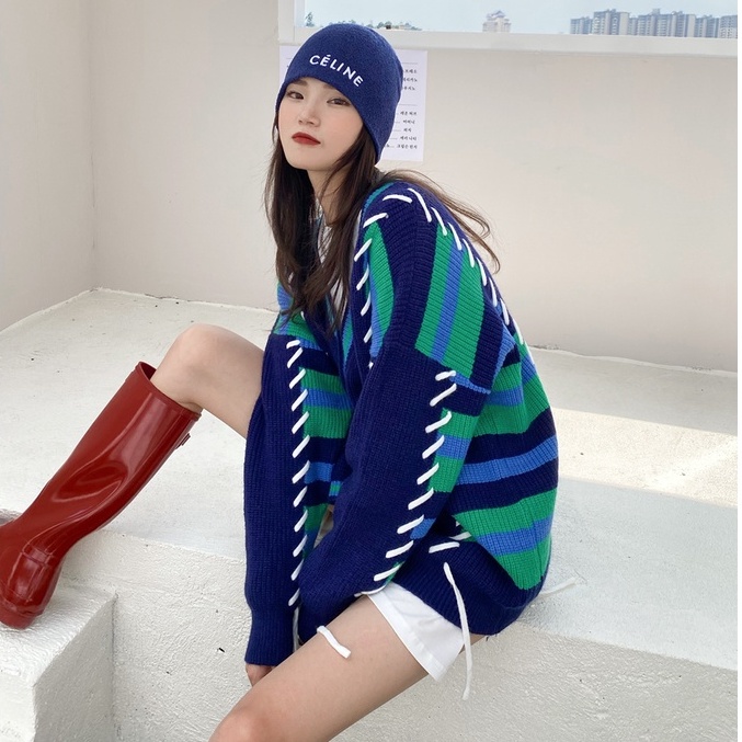 Áo khoác cardigan cổ chữ V dáng rộng phối dây rút in màu thời trang thu đông Hàn Quốc cho nữ