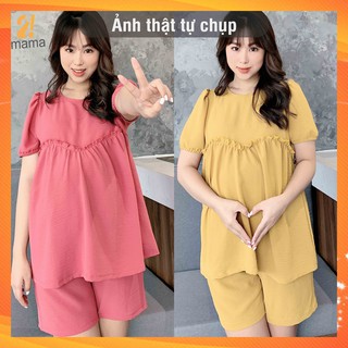 Đồ bộ bầu sau sinh lửng cao cấp dễ thương mặc nhà mùa hè v10 – bộ cho bà bầu chất đũi trơn mềm mại màu hồng vàng