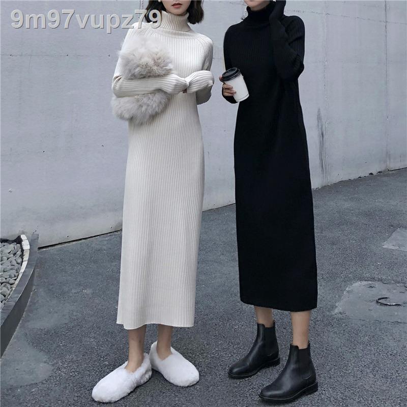 Váy dệt kim dài tay của phụ nữ mùa thu và đông dày áo len giữa chiều đáy ôm mông thon gọn
