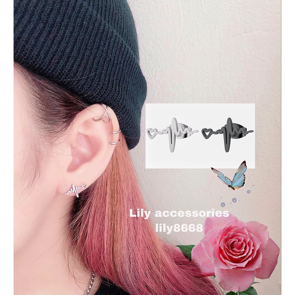 Heartbeat Earring khuyên tai titan nhịp tim không gỉ không đen không dị ứng nam nữ unisex