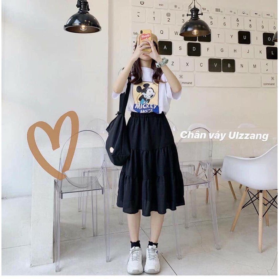Chân váy dài qua gối Vintage nữ thiết kế dài 3 tầng chất liệu voan - chân váy  cạp chun màu Đen Trắng basic