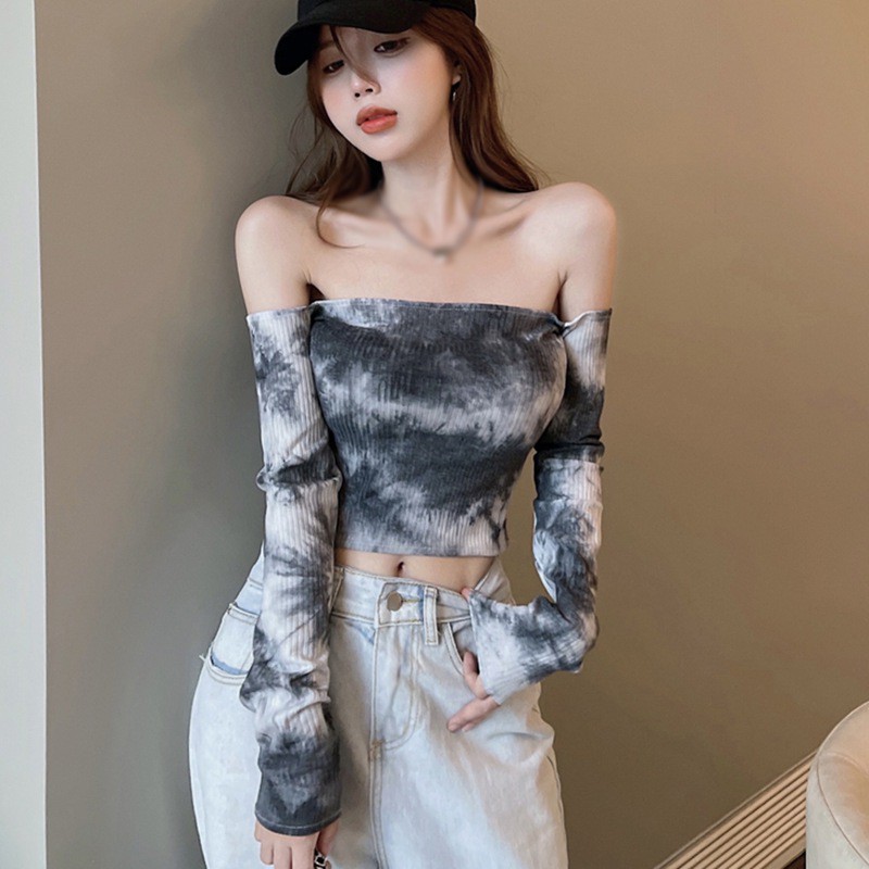 Áo Dệt Kim Tay Dài Hở Vai Màu Nhuộm Phong Cách Hàn Quốc