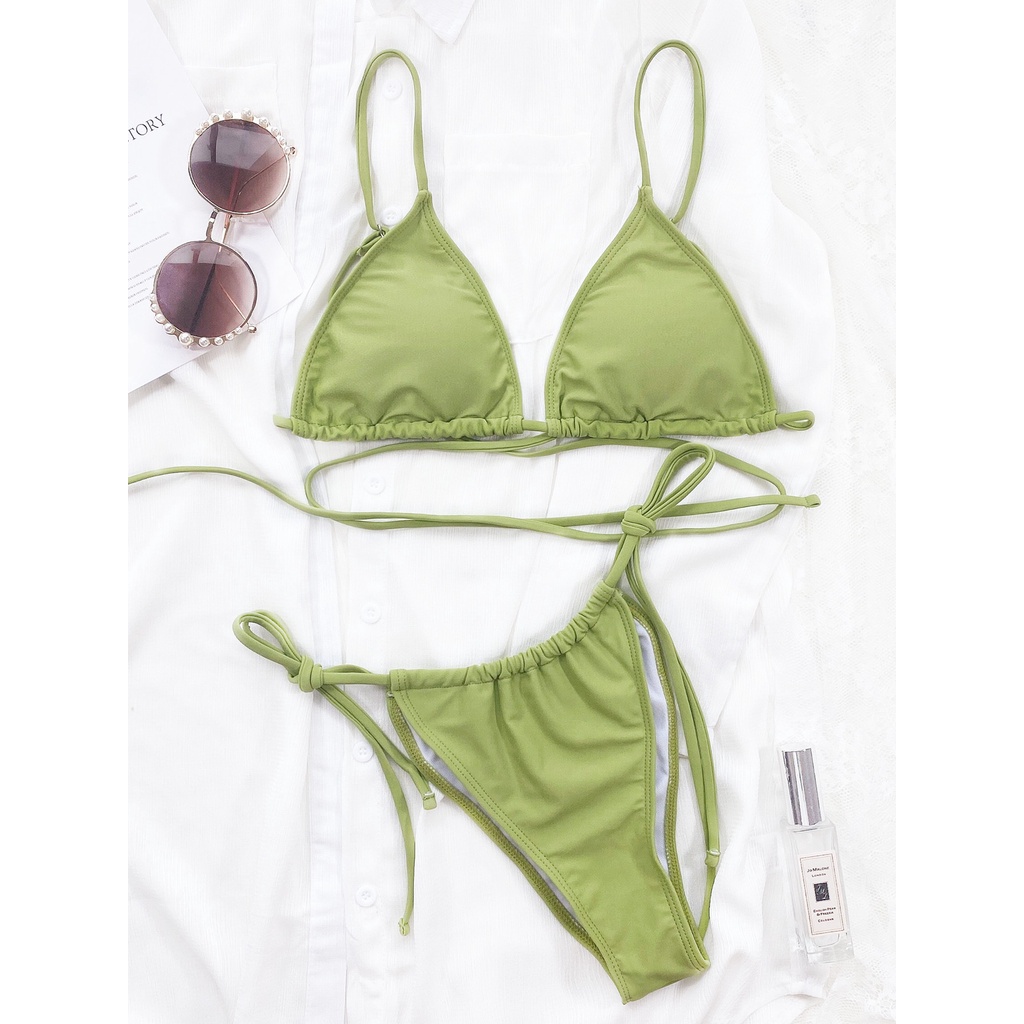 [BKN1424] &lt;ÂU&gt; SET BIKINI TRIANGLE XANH CỐM ĐAN DÂY EO
