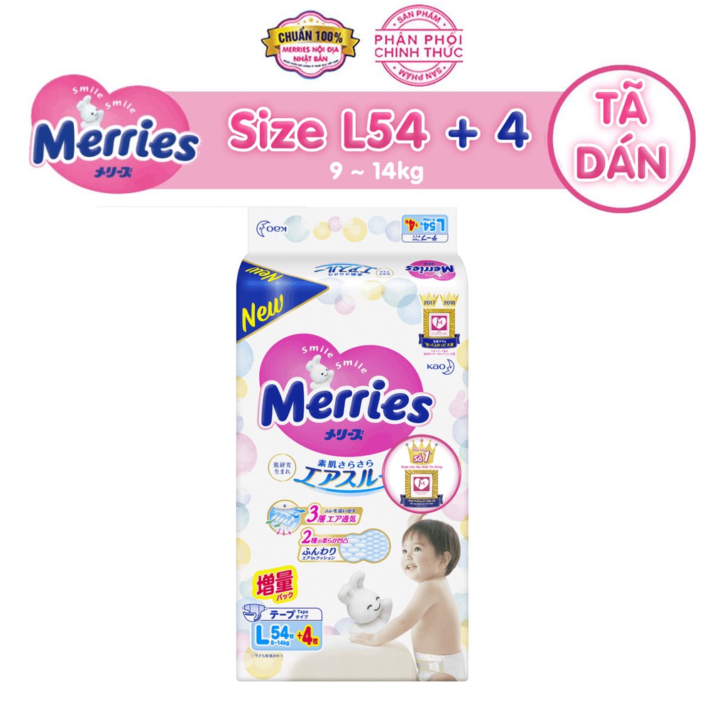 [Mã FMCGMALL giảm 8% đơn 250K] Tã/bỉm dán Merries size L - 54 + 4 miếng (Cho bé dưới 9-14 kg)