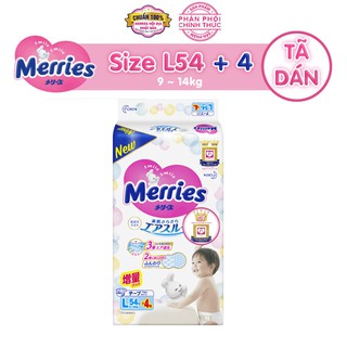 Tã/bỉm dán Merries size L - 54 + 4 miếng (Cho bé dưới 9-14 kg)