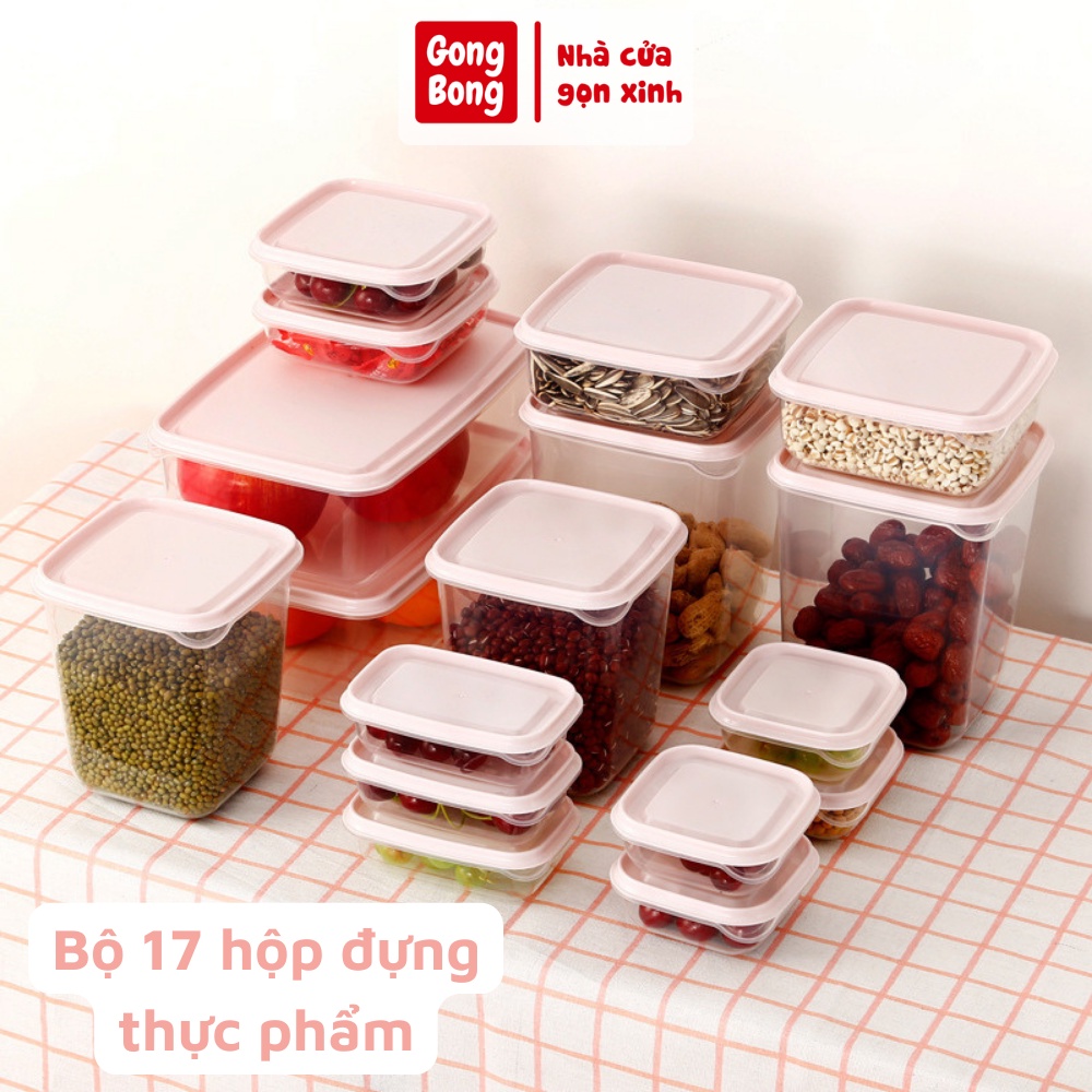 Hộp đựng thực phẩm bộ 17 món có nắp an toàn khi sử dụng nhiệt độ cao nhiều kích cỡ