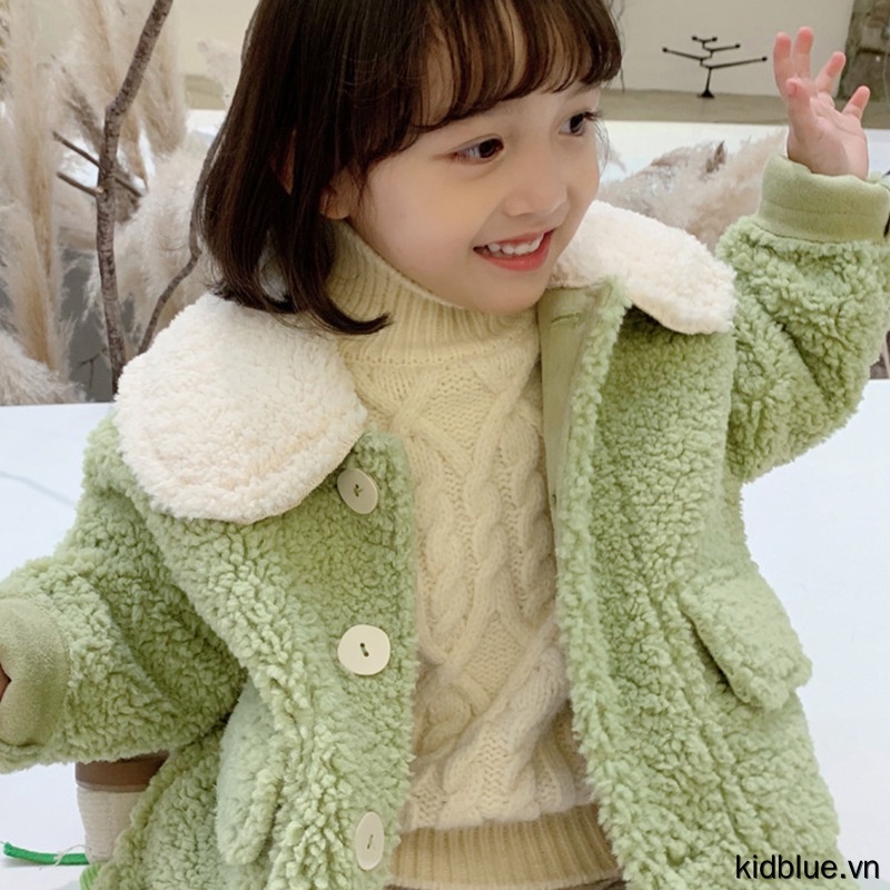Áo khoác cardigan lông cừu tay dài cổ bẻ màu xanh lục giữ ấm phong cách ngày thường cho bé gái