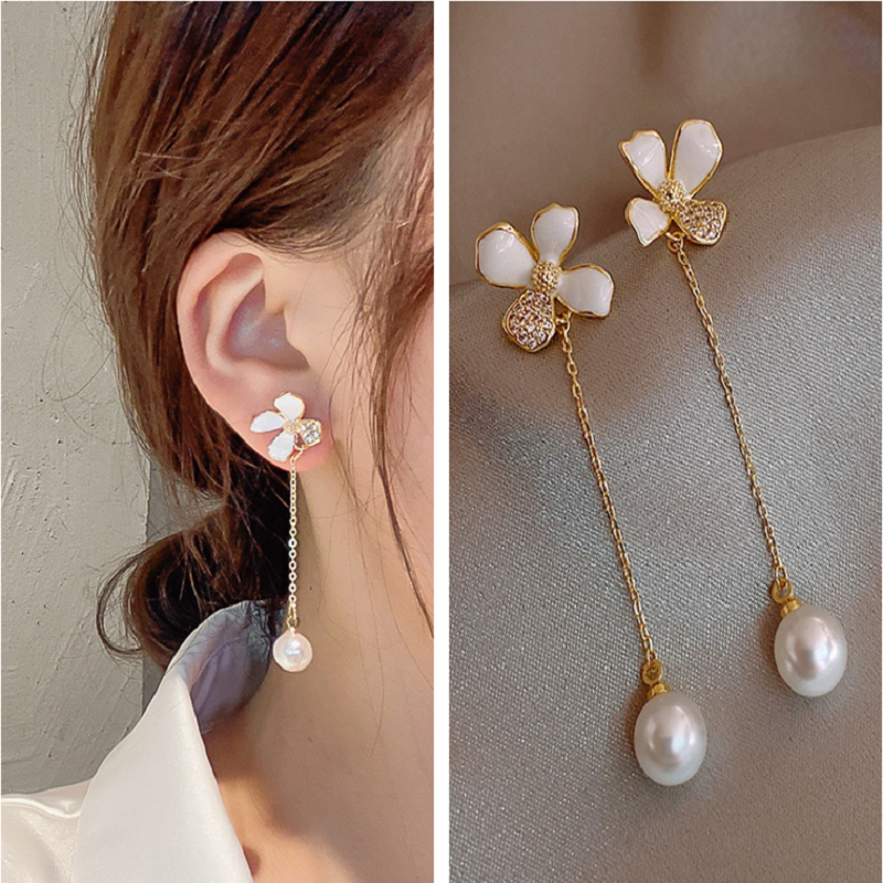 Bông tai dài chốt bạc 925 hình nơ/ cánh hoa đính đá zircon/ ngọc trai giả màu trắng thời trang dự tiệc