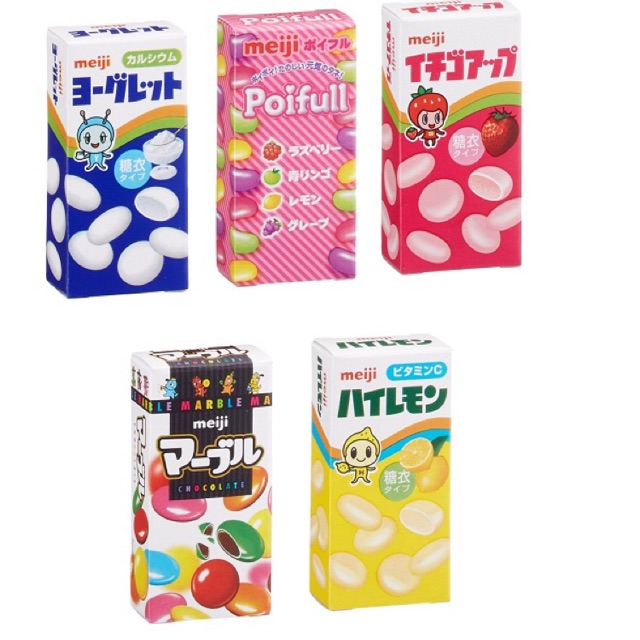 Set 5 hộp kẹo &amp; sữa chua khô Meiji mini trái cây 63gr - Nhật Bản