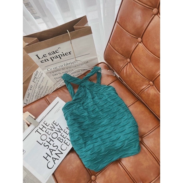 SET ÁO XỐP XANH DÂY YẾM CHÉO + SHORT TRẮNG