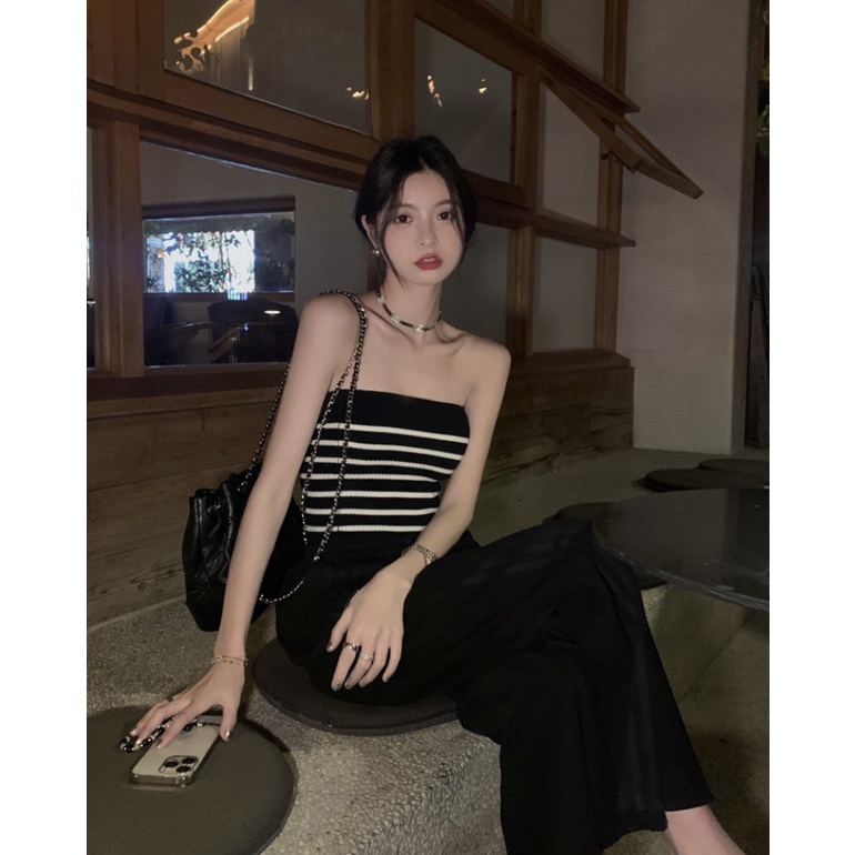 Xiaozhainv Áo Dệt Kim Hai Dây Kẻ Sọc Phong Cách Hàn Quốc Gợi Cảm Cho Nữ