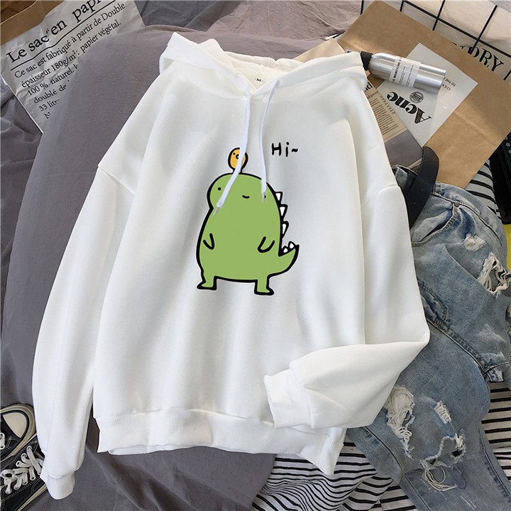 Áo Hoodie Lót Nỉ Thời Trang Nữ Áo Form Rộng Hình Khủng Long Dễ Thương Kiểu Dáng Unisex Freesize Dưới 53 kg