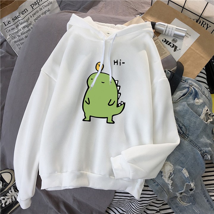 Áo hoodie lót nỉ freesize hình khủng long dễ thương, nữ dưới 53kg