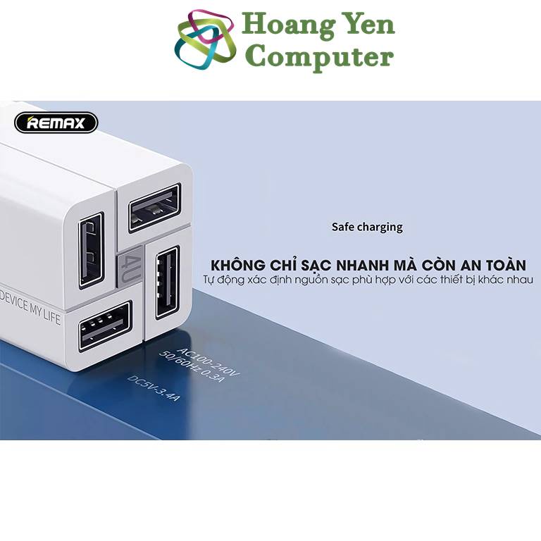 Cốc Sạc 4 Cổng Remax RP-U43 2.1A Chân Cắm Gập Lại - BH 1 năm - Hoàng Yến Computer