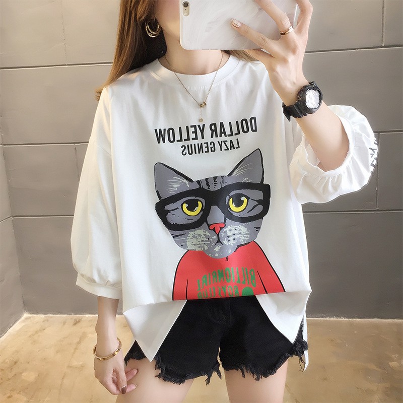 [ HOT ] ÁO THUN COTTON PHIÊN BẢN HÀN QUỐC IN HÌNH MÈO ĐÁNG YÊU - TRẮNG