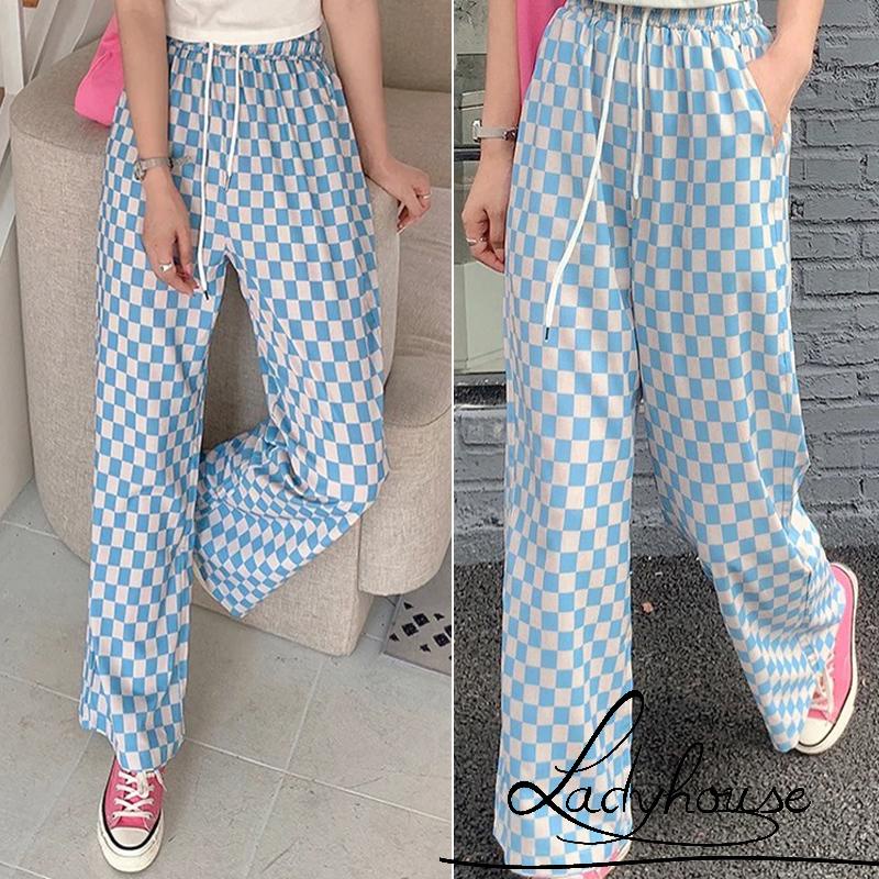 Quần dài lưng thun ống suông họa tiết sọc caro phối dây rút thời trang mùa xuân cho nữ