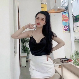 Áo phi lụa cổ đổ dây xích phối khoen sang chảnh