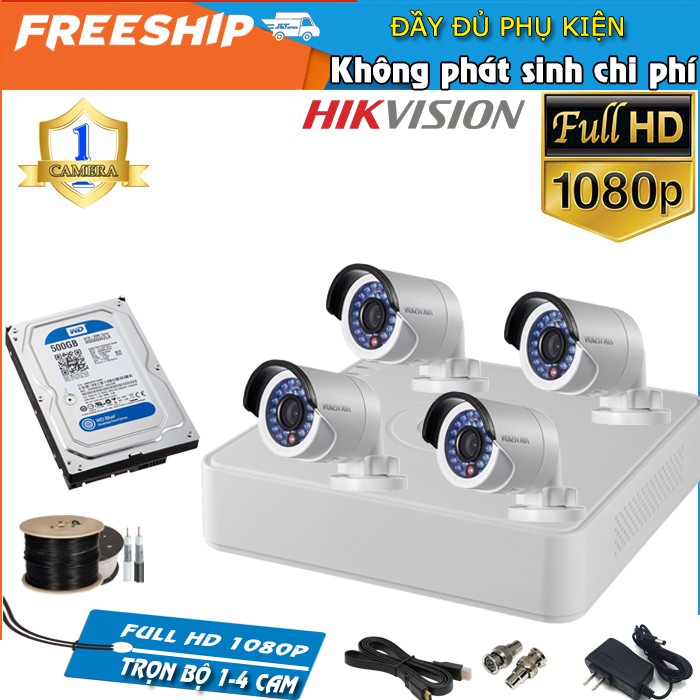 Trọn Bộ Camera Hikvision  FullHD 1080P 2.0M - Bộ 4 Camera Đầy Đủ Phụ Kiện, Kèm HDD 500GB/1TB WD