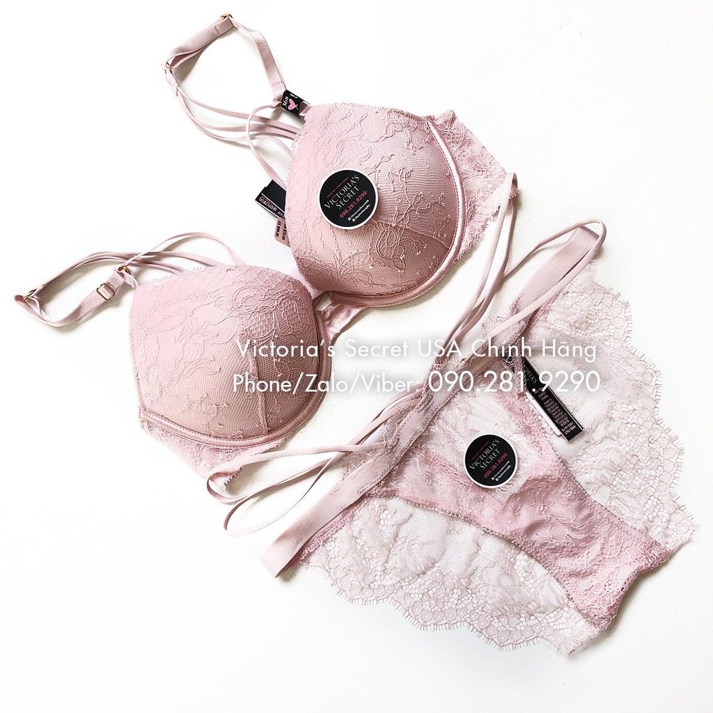 34B, B75 (Auth Mỹ) - Áo bra Vic sexy hồng Dollhouse (108) nâng ngực, phối ren, dây cá tính - Victoria's Secret USA