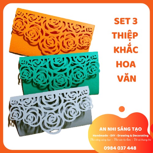 Set 3 thiệp khắc hoa văn, thiệp chúc mừng, thiệp cưới, thiệp handmade - Họa tiết hoa hồng