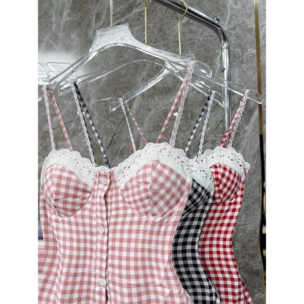 Đầm 2 dây cúp ngực caro xoè nút dài